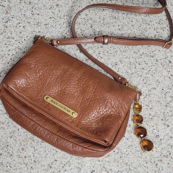 Juicy Couture Leather Brown Fold Over Clutch Crossbody Adjustable Strap w/ Charm - Picture 3 of 16